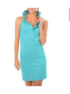 Gretchen Scott Ruffled Neck Sleeveless Jersey Dress Size M Solid Turquoise